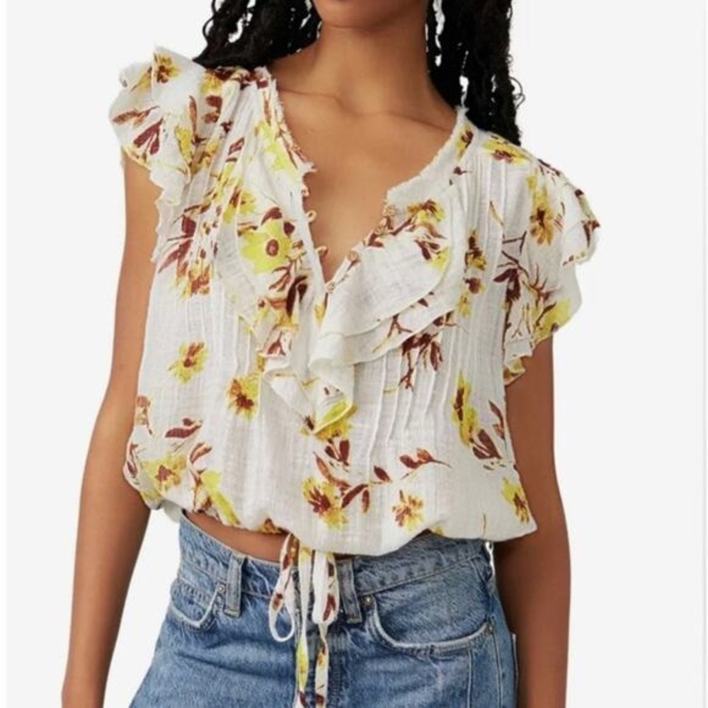 Free People (FP one) Floral Ruffle Tie-Front Blouse